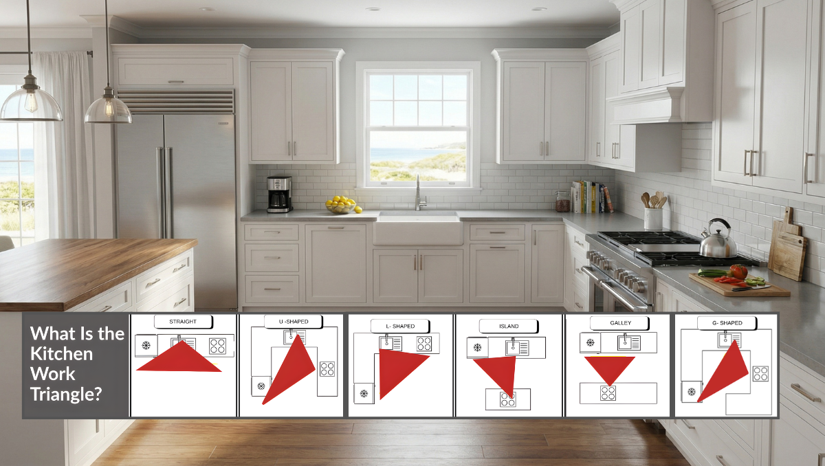Kitchen work triangle layout showing proper sink, stove, and refrigerator placement to avoid kitchen layout mistakes