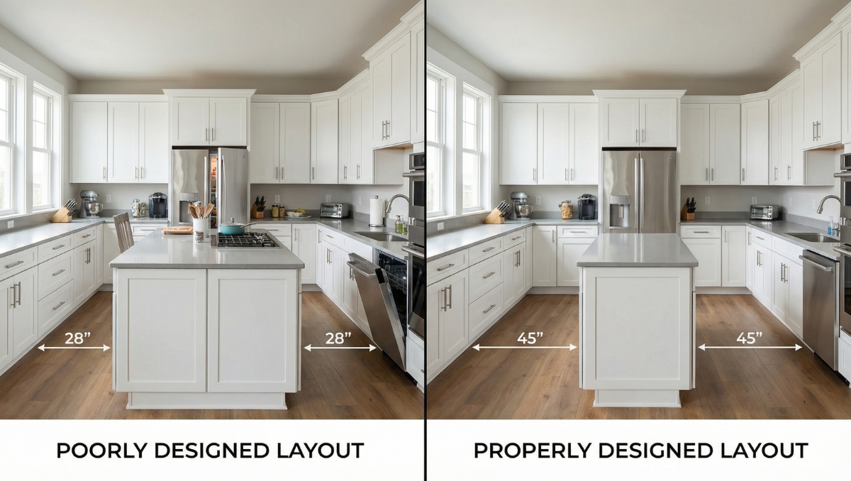 Contractor installing quartz countertop and kitchen island during residential kitchen renovation