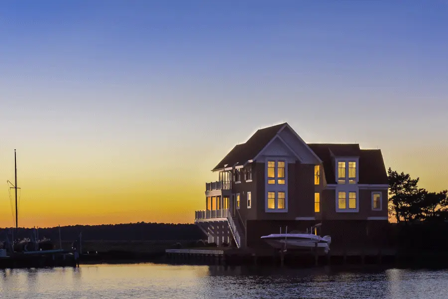 Waterfront home with private dock on the Chesapeake Bay at sunset