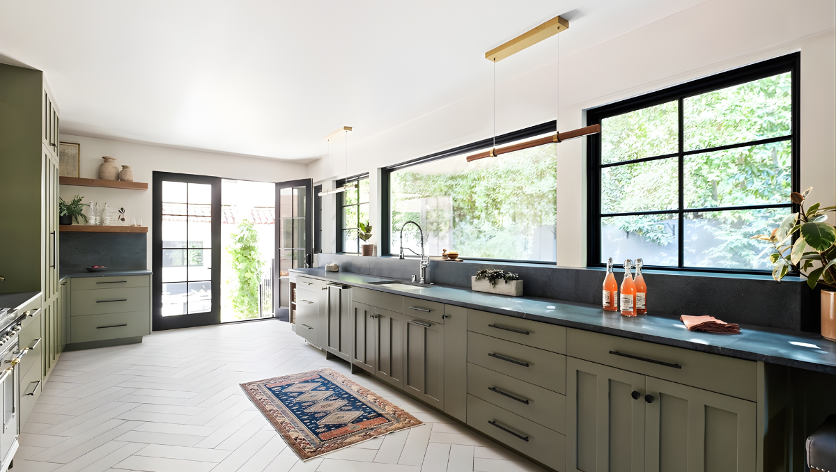 Modern kitchen with black-framed windows and natural light