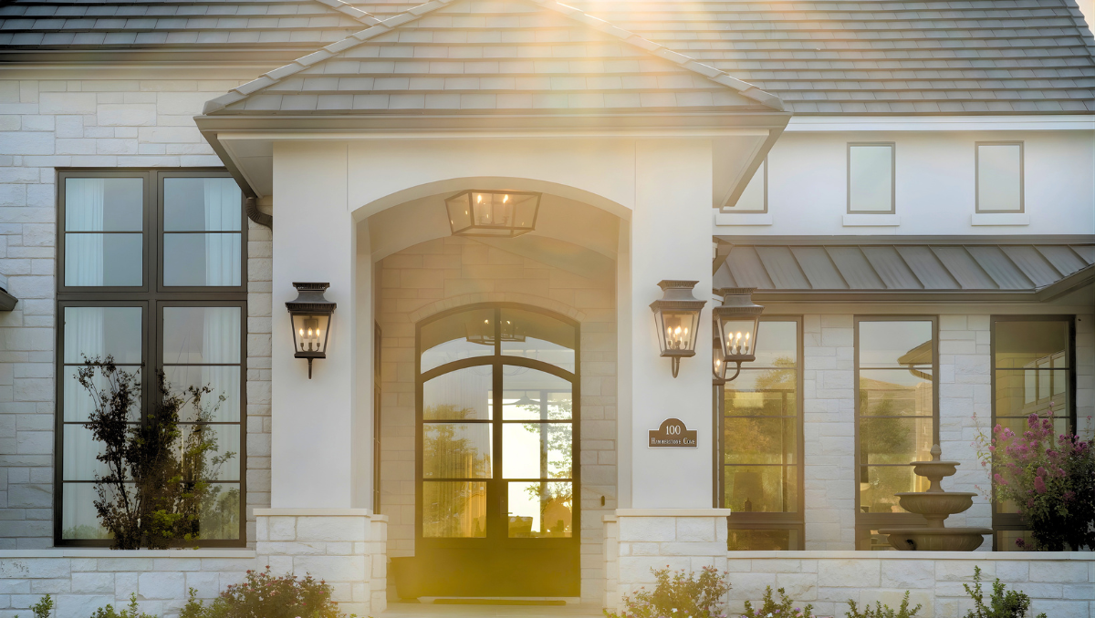 Front entry with durable exterior door and windows