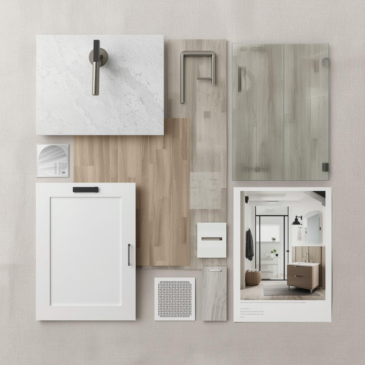 Bathroom design materials and fixture selections including vanity, flooring, tiles, and hardware for a custom remodel