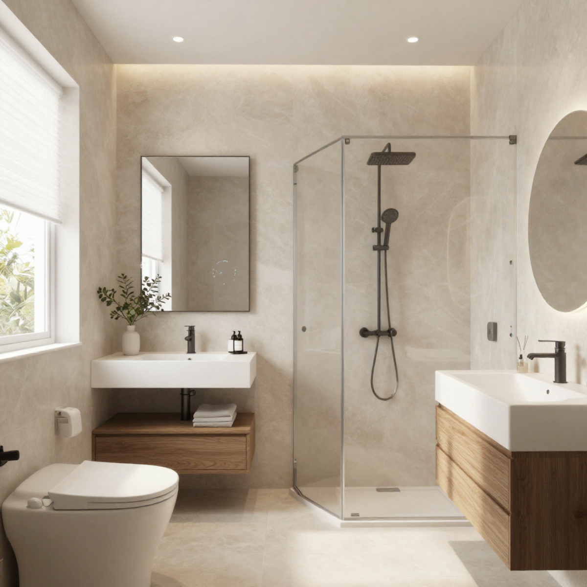 Modern bathroom remodel with walk-in glass shower, floating vanity, and neutral tile finishes
