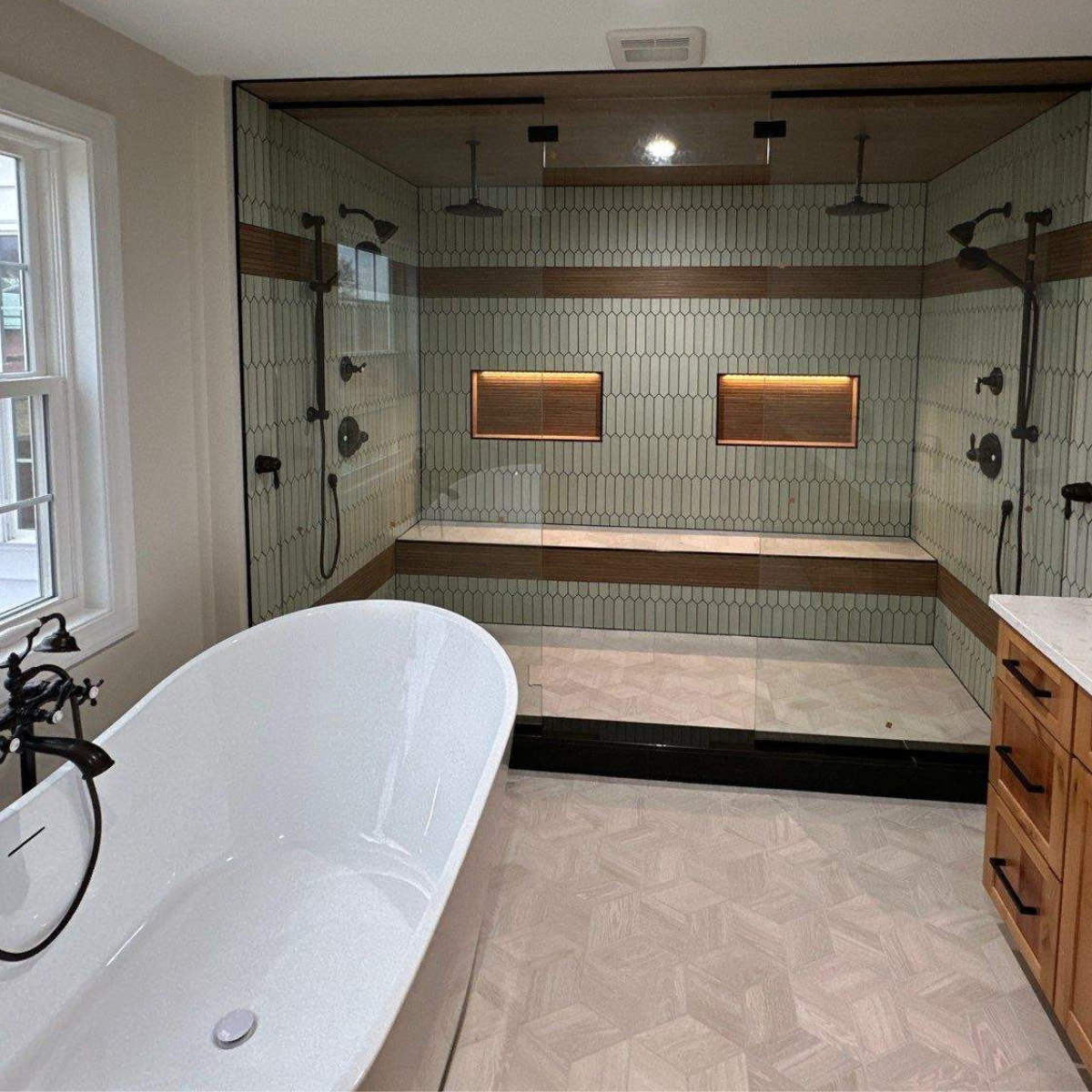 Completed bathroom remodel on the Eastern Shore MD with freestanding tub and custom walk-in shower design