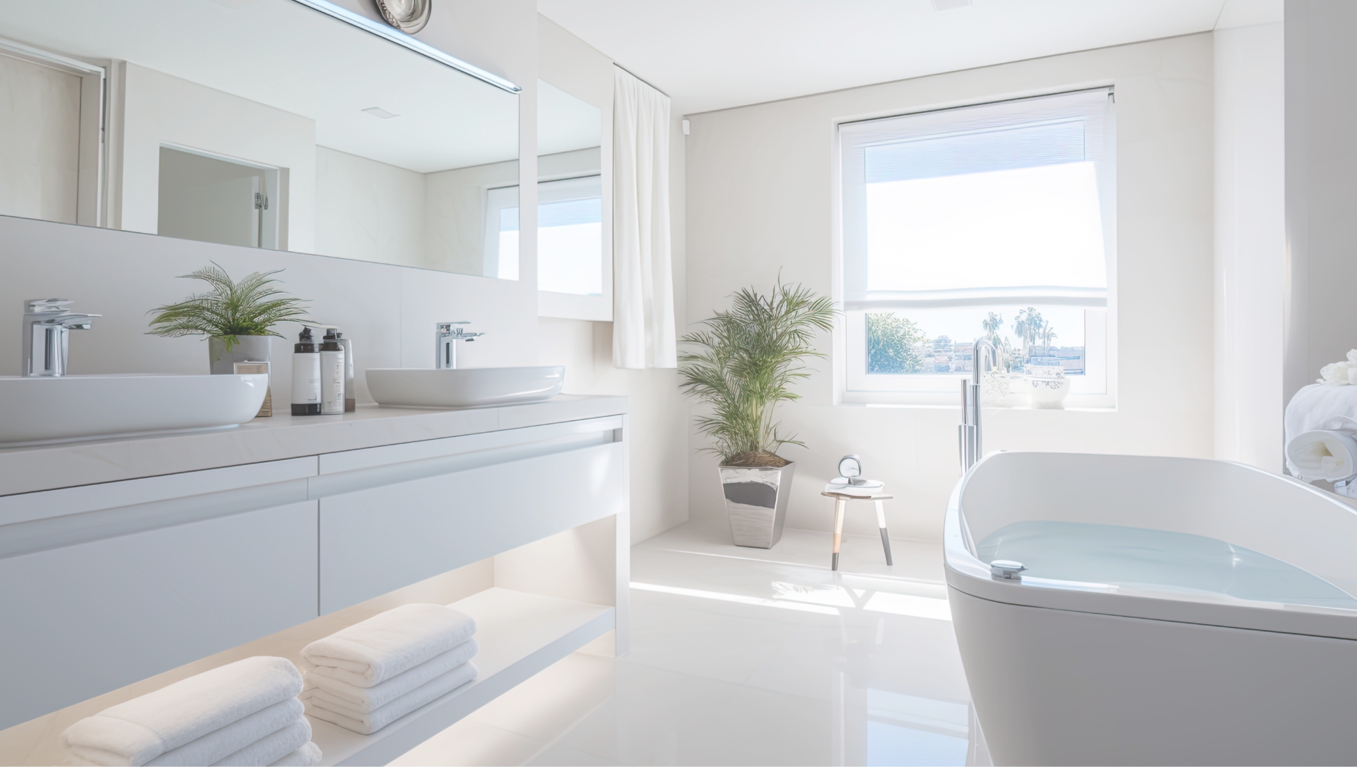 Modern bathroom remodel on the Eastern Shore MD featuring a freestanding tub, double sink vanity, and bright natural light