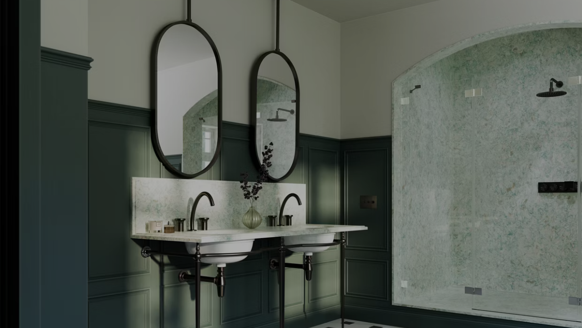 Luxury bathroom remodel on the Eastern Shore MD featuring a double vanity, green panel walls, and a walk-in glass shower