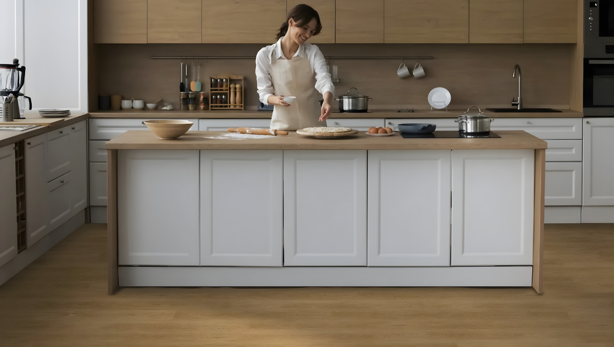 Woman Making Pizza in her kitchen 