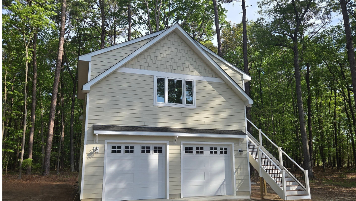 Finished custom two car garage with in law suite above in Royal Oak Easton Maryland by BCO Construction
