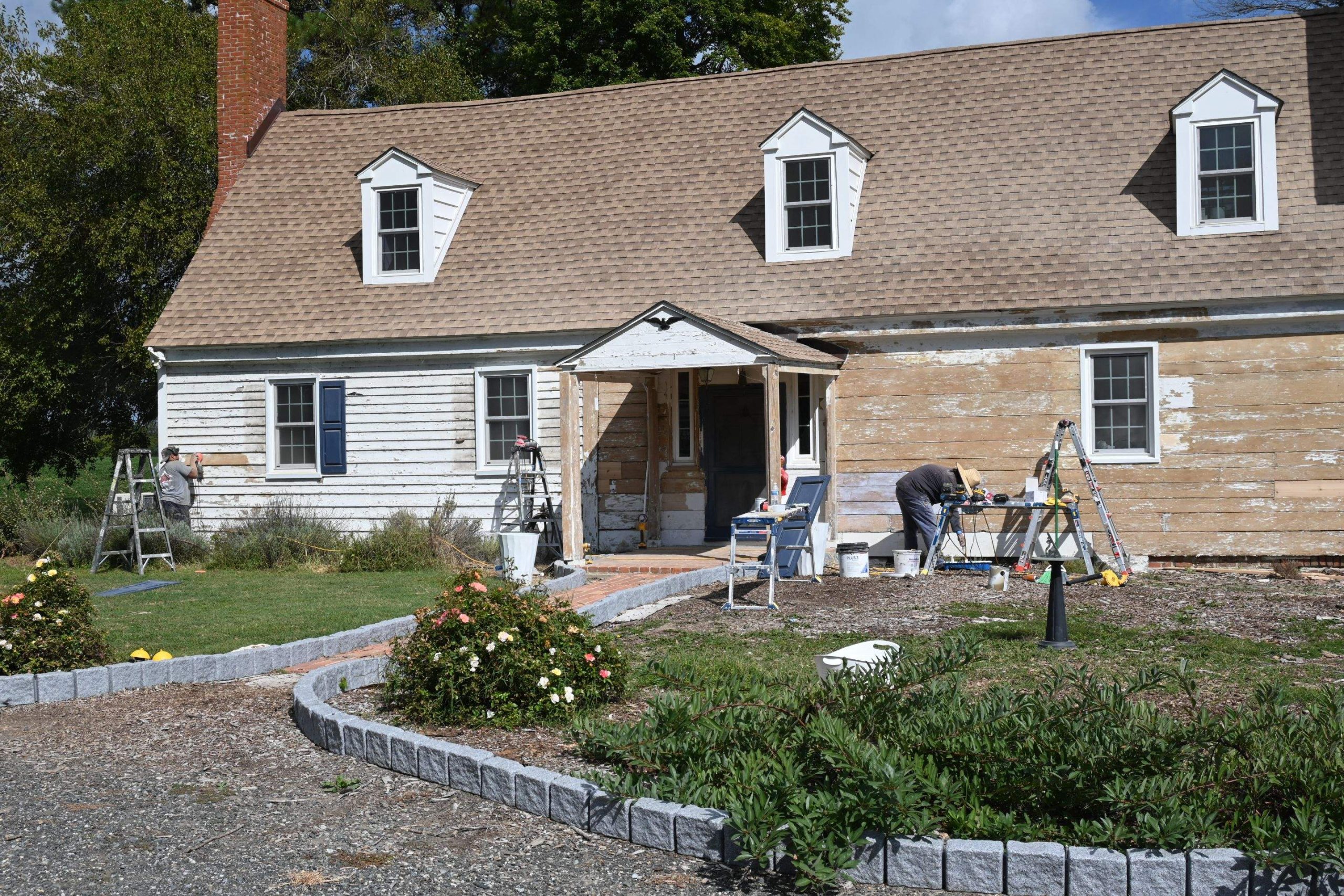 Exterior sanding and preparation work on historic wood siding at Anderton Property in Oxford MD