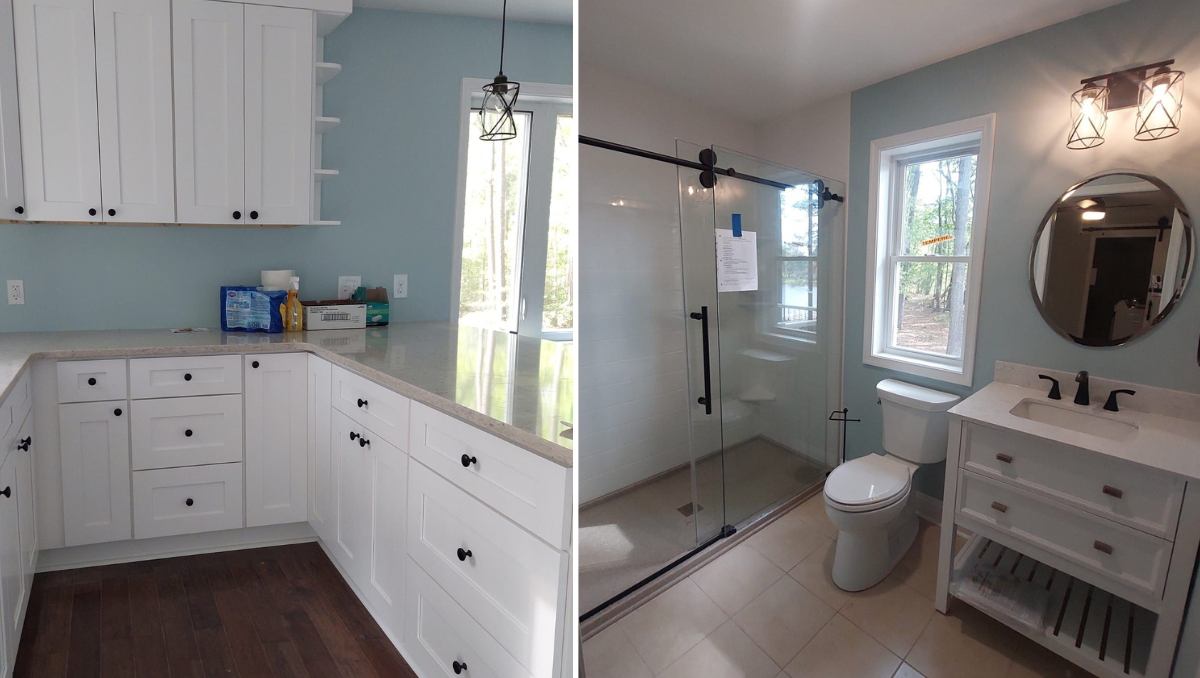 Bright custom kitchen and modern bathroom interior at the Royal Oak project featuring white shaker cabinets, quartz countertops, glass walk-in shower, and matte black fixtures on Maryland’s Eastern Shore.