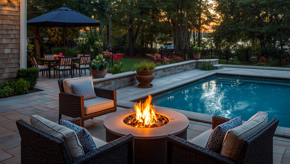 Summer outdoor living space on the Eastern Shore with pool and firepit