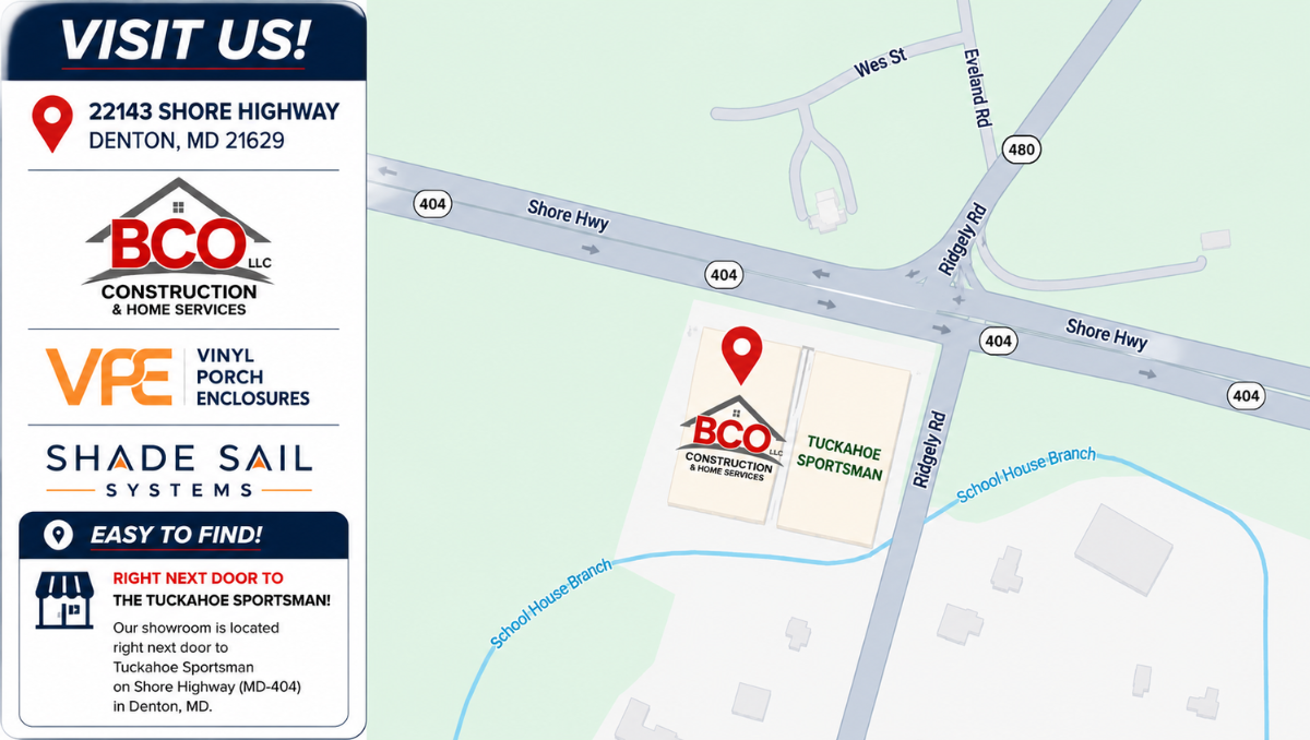 Location map showing the BCO Construction & Home Services, Vinyl Porch Enclosures, and Shade Sail Systems showroom at 22143 Shore Highway, Denton, MD 21629, located directly next door to Tuckahoe Sportsman on MD-404.