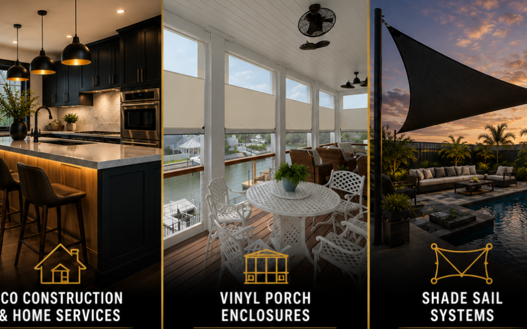 Three-panel graphic featuring BCO Construction & Home Services, Vinyl Porch Enclosures, and Shade Sail Systems showcasing kitchen remodeling, porch enclosures, and outdoor shade solutions.