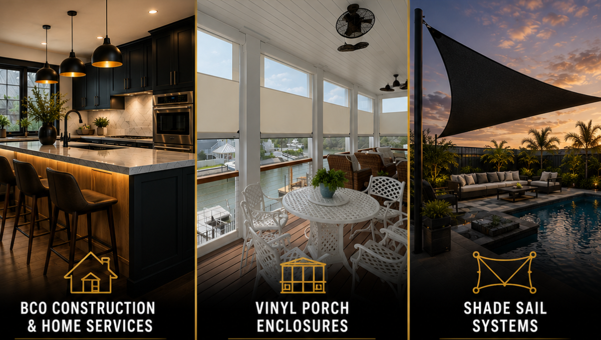 Three-panel graphic featuring BCO Construction & Home Services, Vinyl Porch Enclosures, and Shade Sail Systems showcasing kitchen remodeling, porch enclosures, and outdoor shade solutions.