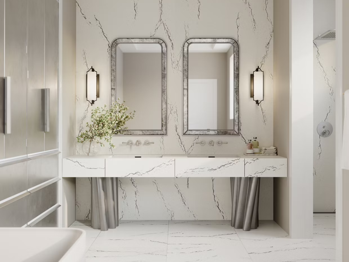 Contemporary bathroom featuring Cambria quartz vanity and matching wall surfaces for a luxury bathroom renovation.