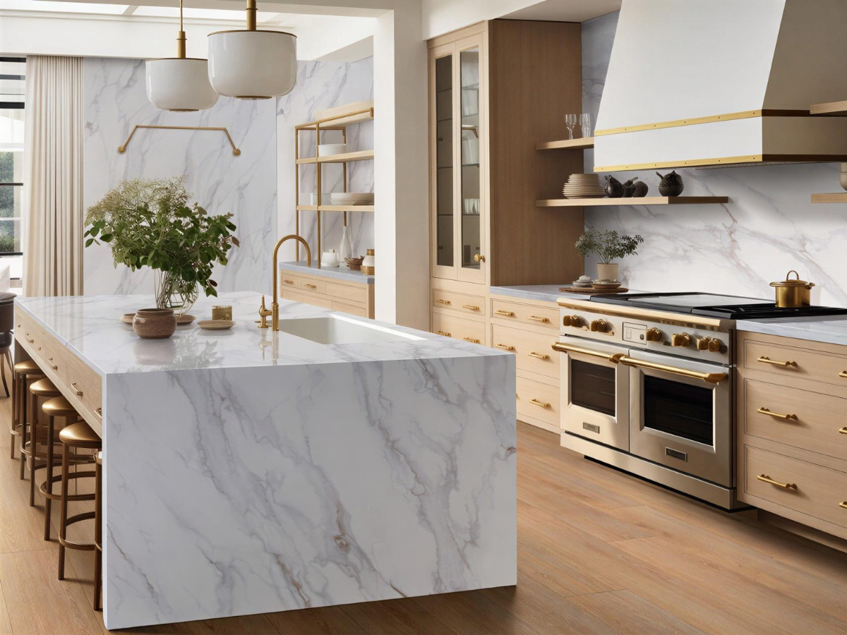 Modern kitchen featuring MSI Q Quartz countertops with a waterfall island available at the BCO showroom on the Eastern Shore.