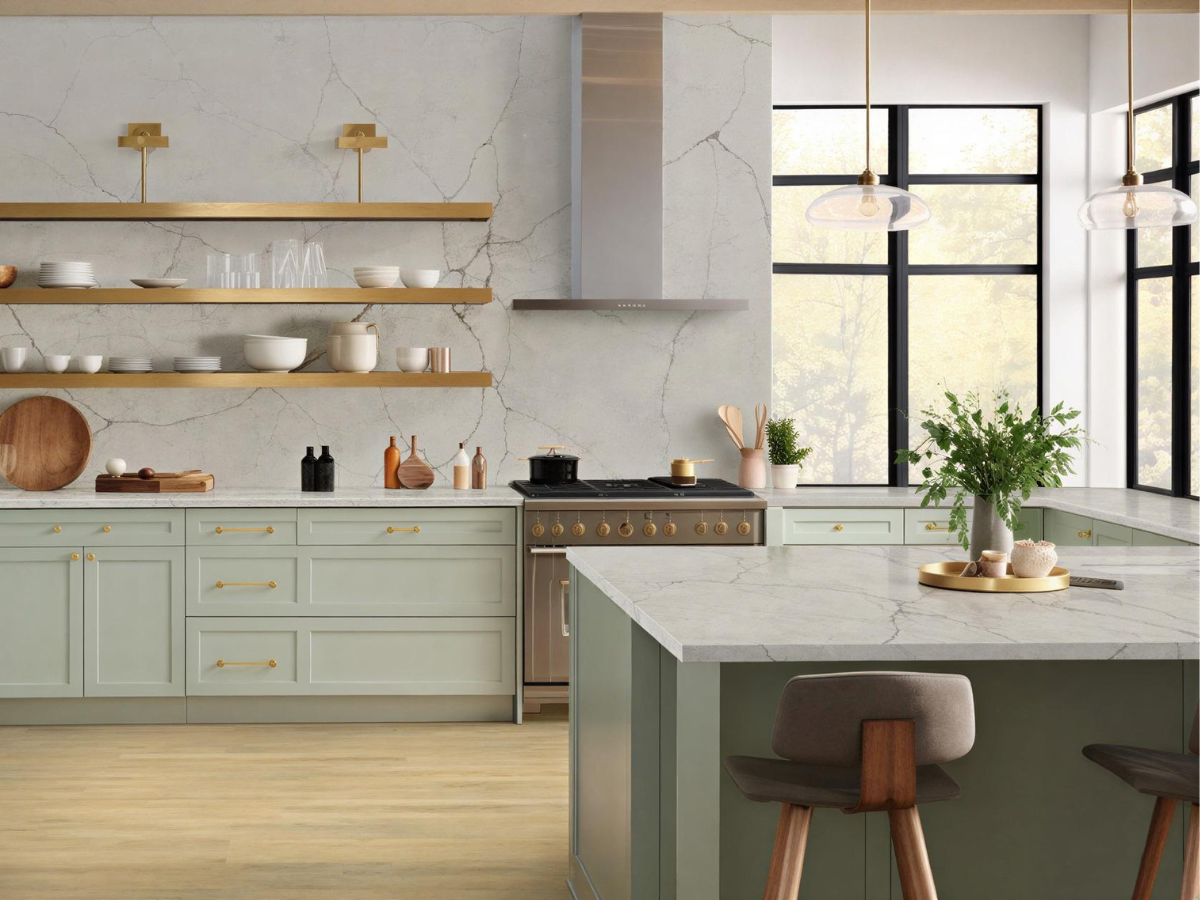 Contemporary kitchen showcasing MSI Q Quartz countertops and full-height quartz backsplash