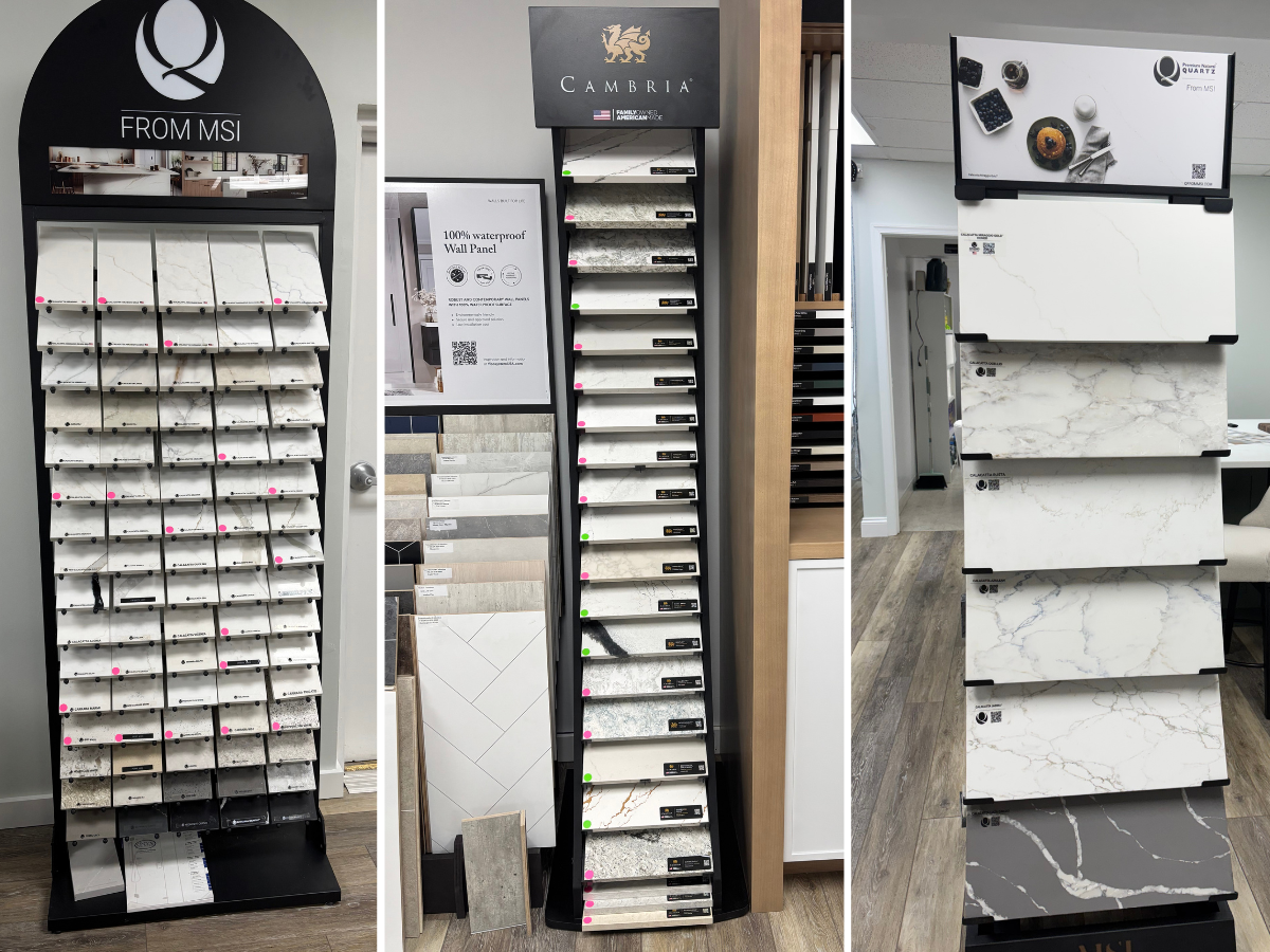 Cambria and MSI quartz countertop sample displays at the BCO Construction & Home Services showroom in Denton, Maryland.
