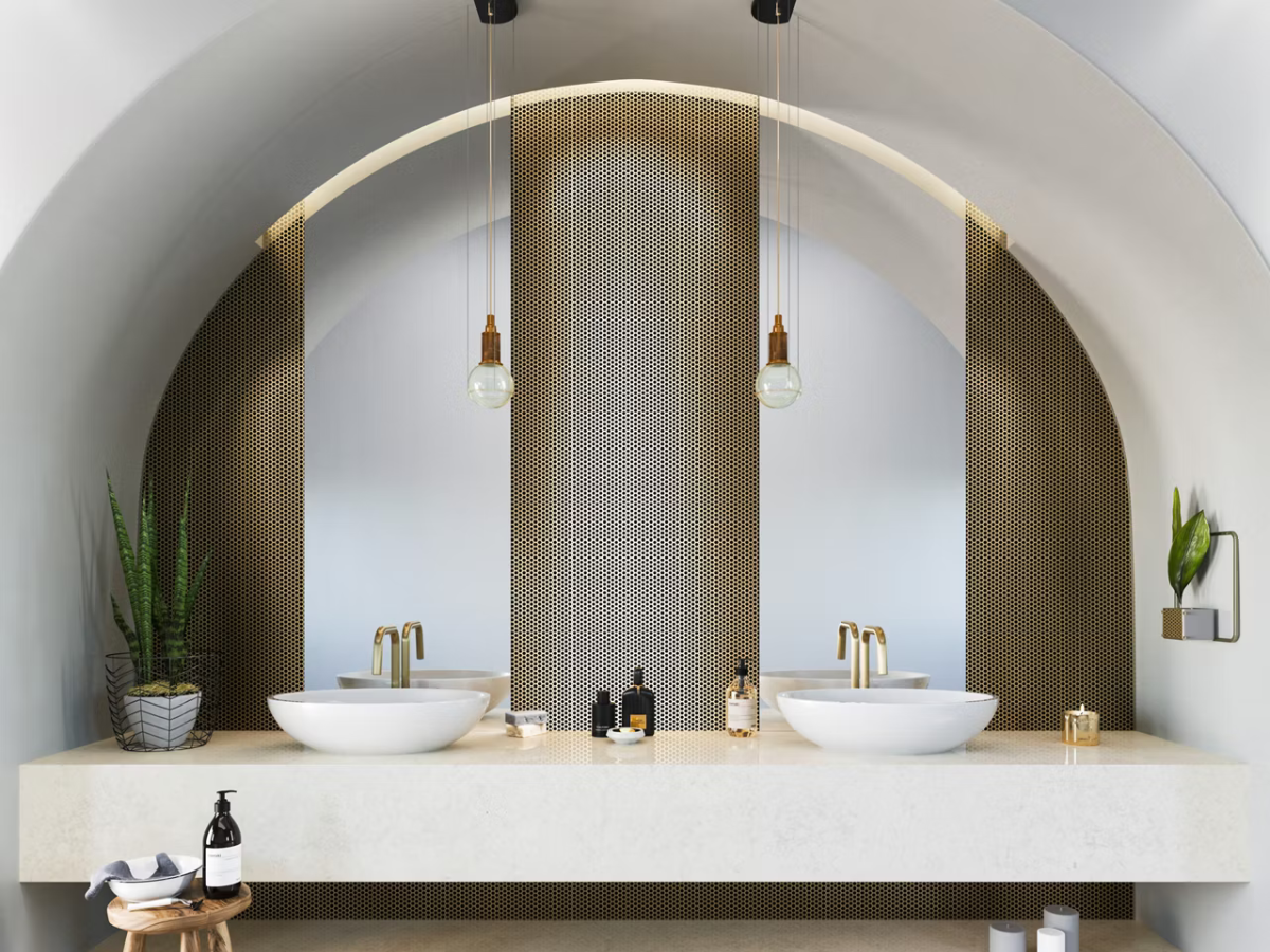 Luxury bathroom featuring a Cambria quartz vanity countertop available through BCO Construction & Home Services.