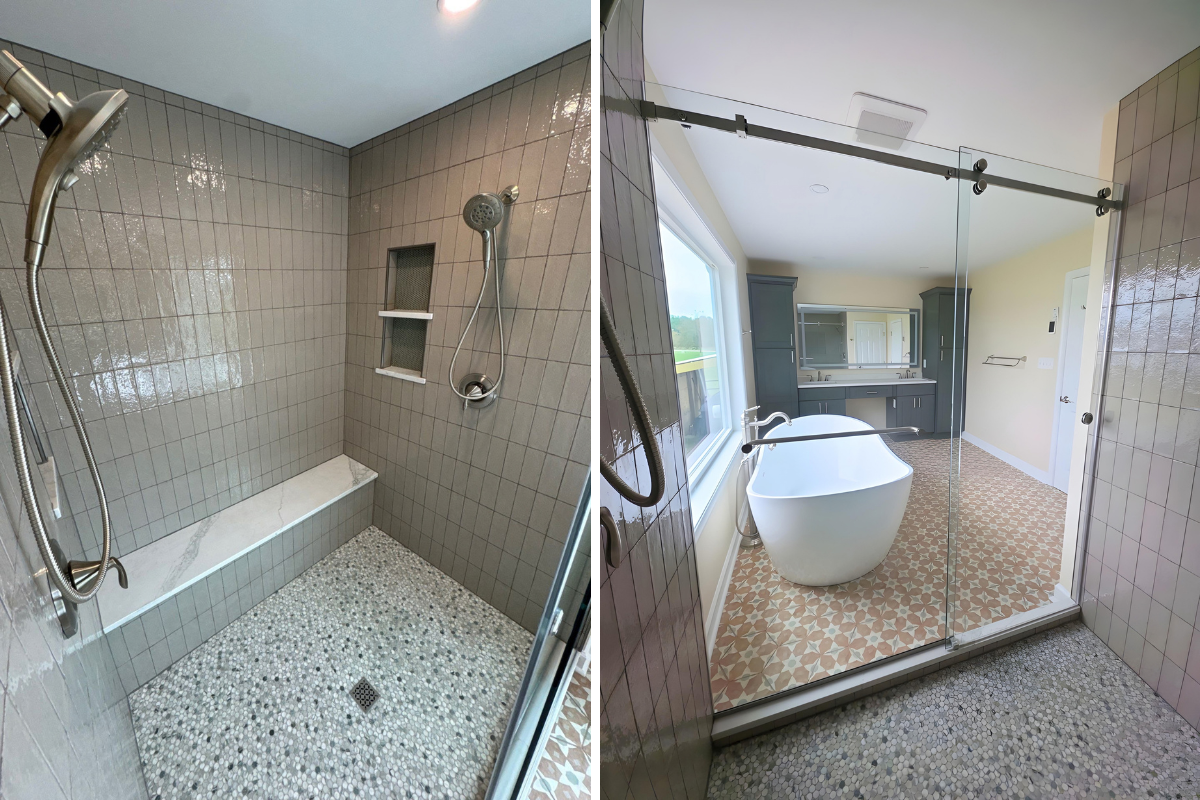 Split-screen views of a glass-enclosed walk-in shower with statement tile, built-in bench and recessed niche in Hurlock, Maryland.